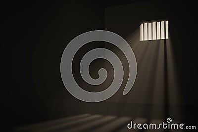 Empty prison cell. Light rays shining through window in jail. 3D rendered illustration Cartoon Illustration