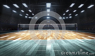 Empty professional volleyball court in lights Stock Photo