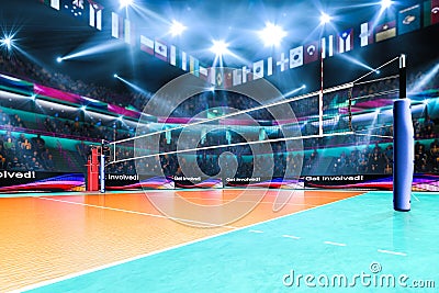 Empty professional volleyball court with spectators no players Stock Photo