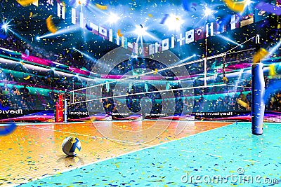 Empty professional volleyball court with spectators no players Stock Photo