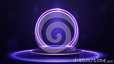 Empty purple podium floating in the air with purple neon rings on background and hologram of digital rings on a floor Stock Photo