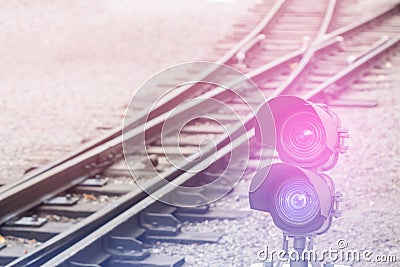 Railroad semaphore with diagonal railway background Stock Photo