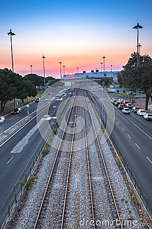 Empty Railway at Sunset Editorial Stock Photo