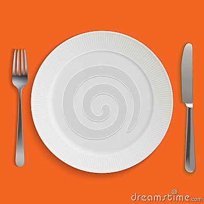 Empty realistic dinner plate, knife and fork Vector Illustration