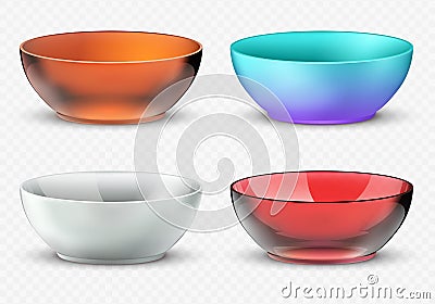 Empty realistic vector food bowls. Plastic, glass and porcelain kitchen dishware set Vector Illustration