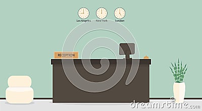 Empty reception desk in hotel or bank, receptionist workplace. Waiting room, hall in business office, modern interior with Vector Illustration