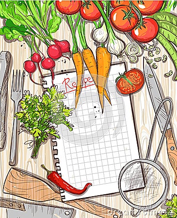 Empty recipe list frame with healthy organic vegetables and kitchen utensil Vector Illustration