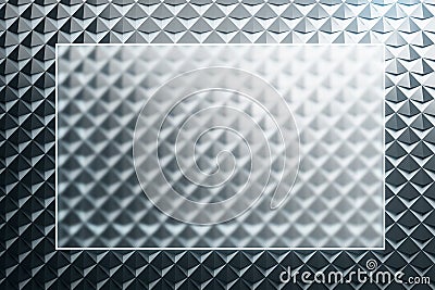 Empty rectangular transparent glass poster on abstract gray triangular background. Technology and geometry concept. Mock up, 3D Stock Photo