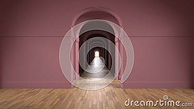 Empty red architectural interior with infinite arch doors, endless corridor of doorway, walkaway, labyrinth. Move forward, Stock Photo
