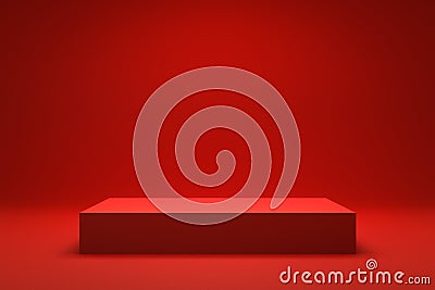 Empty Red background and stand display or shelf with studio for showing or design christmas concept. Blank backdrop made from Stock Photo