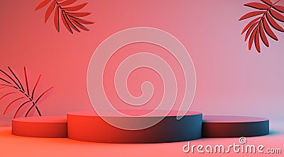 Empty red color studio, products display with copy space for display of content design. Palm tree. Banner for adversing product on Stock Photo