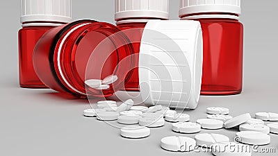 Empty red pill bottles and white pills Cartoon Illustration