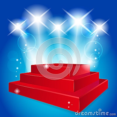 Empty red podium illuminated lights Stock Photo