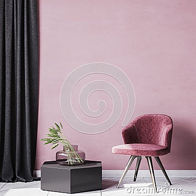 Red wall interior mockup for Stylish reading corner area. black wooden chair and curtain, Styled stock photography. home decor . t Cartoon Illustration