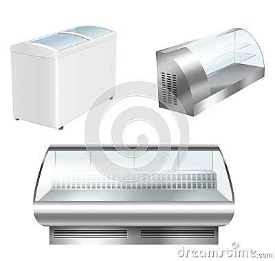 Empty refrigerator display showcases set. Realistic fridges for supermarket grocery products storage Vector Illustration