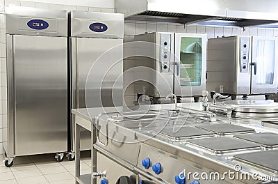 Empty restaurant kitchen with professional equipment Stock Photo