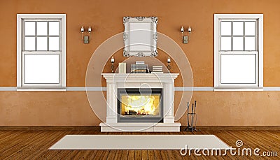 Empty retro room with fireplace Stock Photo