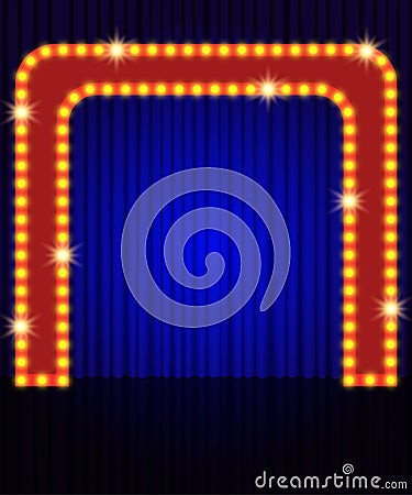 Empty retro stage with blue curtain Cartoon Illustration