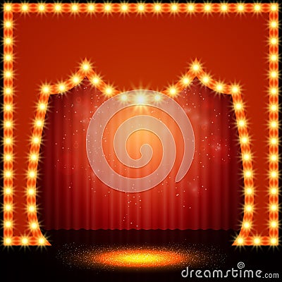 Empty retro stage with red curtain Cartoon Illustration