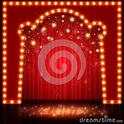 Empty retro stage with red curtain Cartoon Illustration