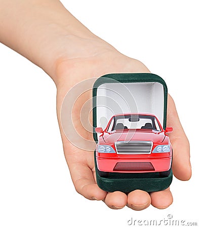 Empty ring box with red car in humans hand Stock Photo