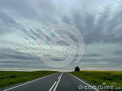Empty road in Dobrogea with blue sky Stock Photo