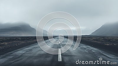 Moody Landscape: Icy Hill With Empty Road Leading To The Horizon Stock Photo