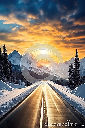 empty road at winter snowy mountains, snow and way to new future, life and hope concept Stock Photo