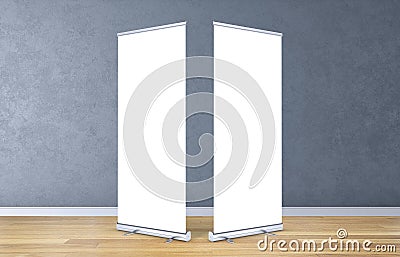 Empty rollup banners stand. Exhibition stand roll-up banners, screen for you design. Stock Photo