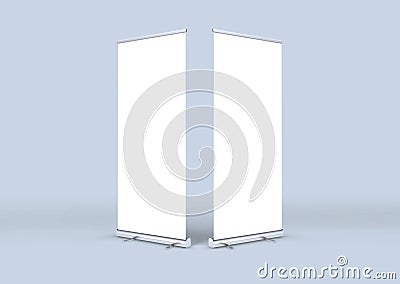 Empty rollup banners stand. Exhibition stand roll-up banners, screen for you design. Stock Photo