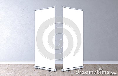 Empty rollup banners stand. Exhibition stand roll-up banners, screen for you design. Stock Photo