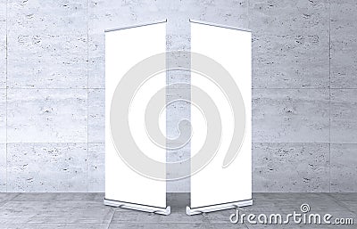 Empty rollup banners stand. Exhibition stand roll-up banners, screen for you design. Stock Photo