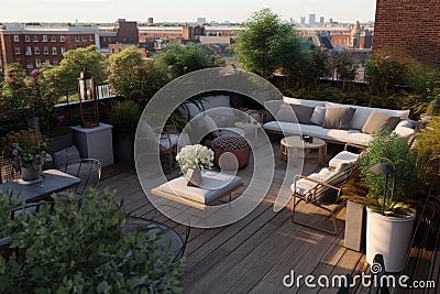 empty rooftop terrace with cozy seating arrangement Stock Photo