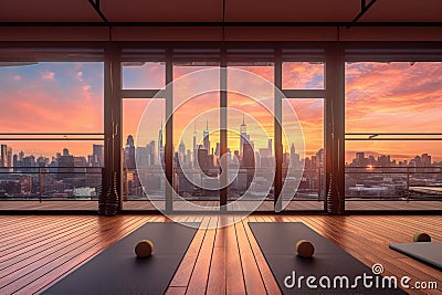 empty rooftop yoga studio with a breathtaking cityscape view Stock Photo