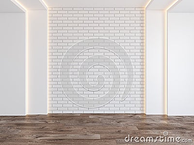 Empty room with blank brick wall, hidden light, parquet wood floor. Cartoon Illustration