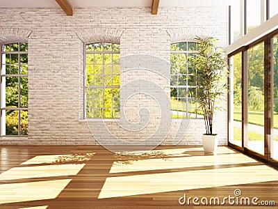 Empty room of business, or residence with hardwood floors, stone walls and woods background. Stock Photo