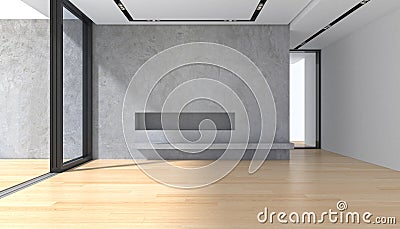 Empty room with concrete wall parquet floor and panoramic window Stock Photo