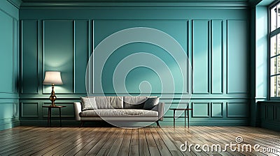 An empty room with a cool toned turquoise blue wall and natural wood flooring. AI Generated Stock Photo