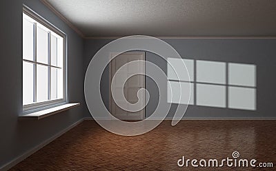 Empty room, with door and window, sun highlight Cartoon Illustration