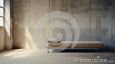 Lonely Bed In A Minimalist Concrete Room Stock Photo