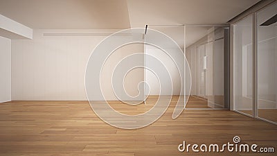 Empty room interior design, open space with white walls and parquet wooden floor, modern contemporary architecture, panoramic Stock Photo