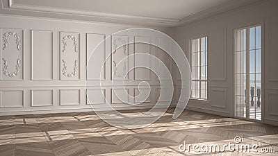 Empty room interior design, open space with white walls with stucco and parquet wooden floor, classic contemporary architecture, Stock Photo