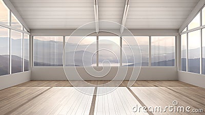 Empty room interior design, open space with wooden roofs and parquet floor, big panoramic window, mountain panorama, modern Stock Photo