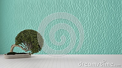 Empty room interior design, turquoise decorated molded panel, wooden white floor and potted plant, modern architecture background Stock Photo