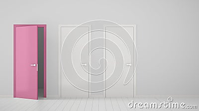 Empty room interior design with two white closed doors and one open pink door with frame, wooden white floor. Choice, decision, Stock Photo