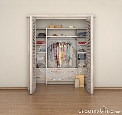 Empty room interior and full closet; Cartoon Illustration