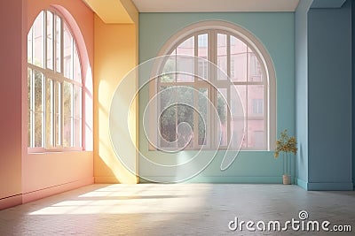 Empty room, large semi-circular windows. AI generative Stock Photo