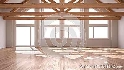 Empty room in luxury eco house, parquet floor and wooden roof tr Stock Photo