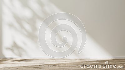 Empty room mock up with wooden floor and empty white wall with sunlight and leaves shadow, 3d rendering Stock Photo