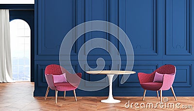 Empty room modern classic interior with blue, indigo walls, red, burgundy armchairs, table, curtain and window. Cartoon Illustration